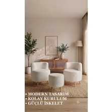 Peluş 2'li Berjer ve Puf Çay Seti - Ahşap Ayaklı - Kolay Kurulum