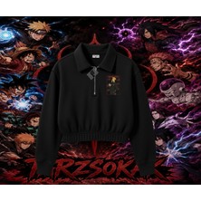 Tarzsokak Deidara Naruto Anime Karakteri Kadın Crop Polo Yaka Yarım Fermuarlı Sweatshirt Beyaz
