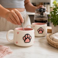 2'li El Yapımı Seramik Kupa Seti, Kedi Desenli Kalp Motifli Stoneware Mug, 200 Ml, Kırmızı Iç