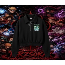 Tarzsokak Rock Lee Naruto Anime Karakter Kadın Crop Polo Yaka Yarım Fermuarlı Sweatshirt Beyaz