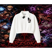 Tarzsokak Pain Nagato Naruto Anime Karakter Kadın Crop Polo Yaka Yarım Fermuarlı Sweatshirt Beyaz
