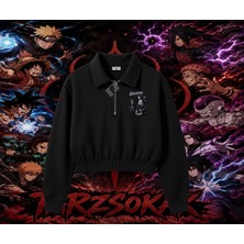 Tarzsokak Orochimaru Naruto Anime Karakter Kadın Crop Polo Yaka Yarım Fermuarlı Sweatshirt Beyaz