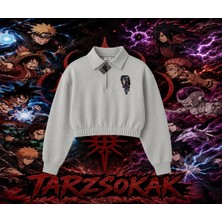 Tarzsokak Madara Uchiha Naruto Anime Karakteri Kadın Crop Polo Yaka Yarım Fermuarlı Sweatshirt Beyaz