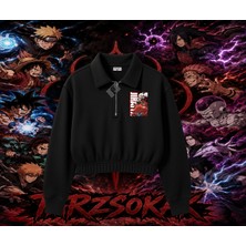 Tarzsokak Jiraiya Naruto Anime Karakteri Kadın Crop Polo Yaka Yarım Fermuarlı Sweatshirt Beyaz