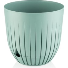 Çizgi Saksı Plastik Delikli Tabaklı Çiçek Saksısı (1 Adet, Yeşil, 10 Litre)