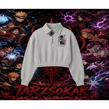 Tarzsokak Kakashi Hatake Naruto Anime Karakteri Kadın Crop Polo Yaka Yarım Fermuarlı Sweatshirt Beyaz