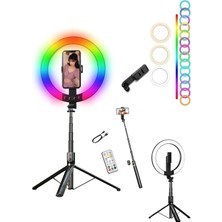 Rgb Halka Işık Uzun Tripod Selfie Çubuğu 1.9M-1200 Mah Şarjlı Kumandalı Ring Light Telefon Tu