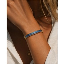 Poseidons Jewellery Premium Mavi Mine Detaylı Gold Kelepçe Bileklik | Modern ve Şık Kadın Bilekliği
