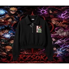 Tarzsokak Rock Lee Naruto Anime Karakter Kadın Crop Polo Yaka Yarım Fermuarlı Sweatshirt Beyaz