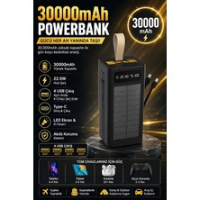 30000MAH Güneş Enerjili Powerbank 22.5W Hızlı Şarj 4 USB Çıkışlı Dahili Kablolu Taşınabi