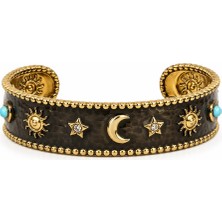Poseidons Jewellery Gold Ay Yıldız Güneş Motifli Turkuaz Taş Detaylı Bohem Kelepçe Bileklik Ayarlanabilir Kadın Bileklik