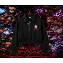 Tarzsokak Pain Nagato Naruto Anime Karakter Kadın Crop Polo Yaka Yarım Fermuarlı Sweatshirt Beyaz