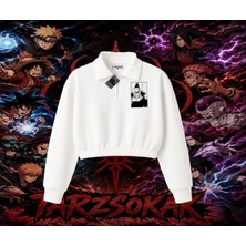 Tarzsokak Shikamaru Nara Naruto Anime Karakter Kadın Crop Polo Yaka Yarım Fermuarlı Sweatshirt Beyaz