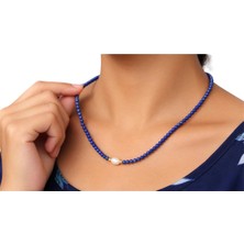 Taşmir Doğal Lapis Lazuli Taşından Inci Detaylı Altın Kaplama Kolye