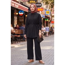 Modestim Kadın Bağcıklı Müslin Kumaş Yazlık Tesettür Siyah Pantolonlu Tunik Takım
