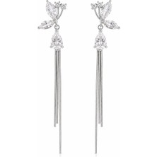 Poseidons Jewellery Kadın Gümüş Renk Zirkon Taşlı Sallantılı Zincir Küpe