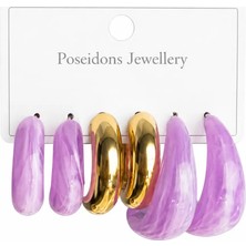 Lovecharm Lila Reçine Görünümlü Lavender Dream 3’lü Bijuteri Küpe Seti | Gold Halka Kadın Küpe Kombini