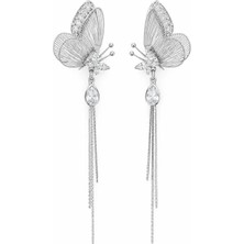 Lovecharm Kadın Gümüş Renk Kelebek Figürlü Zirkon Taşlı Sallantılı Zincir Küpe