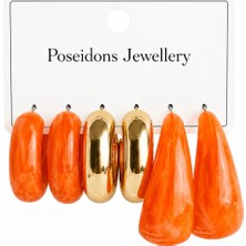 Poseidons Jewellery Turuncu Reçine Görünümlü Sunset Glow 3’lü Küpe Seti Gold Halka Küpe Kombini