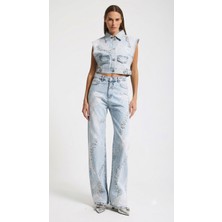 Meryu Ticaret Jeans Pantolon Straight Fit Taş Inci Dantel Detaylı Özel Tasarım Denim