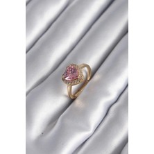Aletools  Pirinç Gold Renk Pembe Zirkon Taş Kalp Charm Model Kadın Yüzük