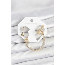 Pirinç Gold Renk Yıldızlı Model Zincir Bağlantılı Ear Cuff Küpe Seti
