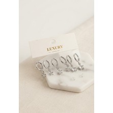Yıldız Zirkon Taşlı Gümüş Renk Pirinç Set Küpe