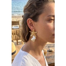 Doğal Deniz Kabuğu ve Gold Renk Yıldız Model Kadın Küpe