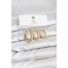 Pirinç Gold Renk Zirkon Taşlı Halka Model Ysx Trio Küpe Seti