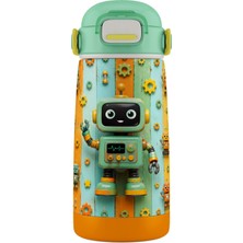 Puccon 420 ml Erkek Çocuk Yeşil Robot Baskılı Okul Matarası/termosu - 60016 - Sevimli Robotlar