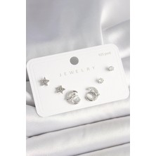 925 Ayar Gümüş Çivi Zirkon Taşlı Hilal Yıldız Model Kadın Küpe Seti