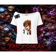 Tarzsokak Gaara Naruto Anime Karakteri Kadın Kayık Yaka Tişört Beyaz