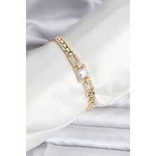 14K Gold Renk Kaplama Zirkon Kare Taşlı cm Kadın Bileklik