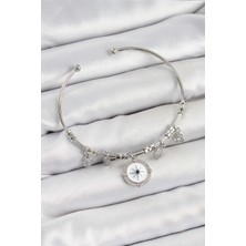 Pirinç Zirkon Taşlı Pusula Model Gümüş Renk Charm Bileklik