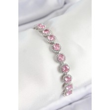 Pirinç Pembe Zirkon Taşlı Daire Baget Model Gümüş Renk Vıp Seri Kadın Bileklik