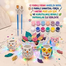 Sharp & Art Baykuş Mumluklar ve Dekoratif Yuva Boyama Seti, 12 Renk Boya, 2 Farklı Uç Fırça, Peri LED Işık ve Kurutulmuş Yapraklar