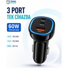 teknokutum Tekno Kutum 60W 3 Port Hızlı Araç Şarj Cihazı, Çakmaklık USB Adaptörü, 2 Usb-C Pd 25W/20W ve Usb-A Qc 3.0, Telefon Tablet Uyumlu Oto Şarj Aleti