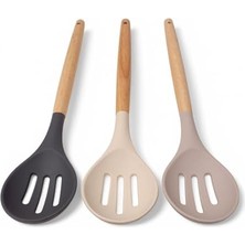 Bambu Saplı Silikon Delikli Servis Kaşığı, Bambu Uzun Silikon Delikli Servi Kaşığı 27CM 3 Renk Seçenekli (Siyah)