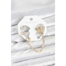 Clariss Uzay Model Pirinç Gold Renk Zincir Bağlantılı Ear Cuff Küpe Seti