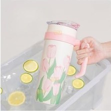 Diller 1200ML Pembe Lale Desenli Tumbler Pipetli/pipetsiz Kulplu Paslanmaz Çelik Termos