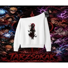 Tarzsokak Itachi Uchiha Naruto Anime Karakteri Kadın Kayık Yaka Sweatshirt Beyaz