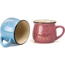 2'li Emaye Görünümlü Porselen Kupa Seti Good Morning Gold Yazılı 150 Ml,pembe & Mavi