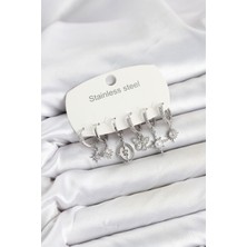 Clariss 316L Çelik Gümüş Renk Zirkon Taşlı Charm Detaylı Kadın Küpe Seti