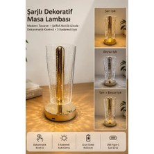 Rosemor LED Masa Lambası  Şeffaf Silindir Akrilik Gövdeli Gold Şarjlı Dokunmatik LED Masa Lambası 3 Kademeli Dekoratif Lamba