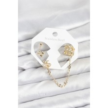 Clariss Kiraz Model Pirinç Gold Renk Zincir Bağlantılı Ear Cuff Küpe Seti