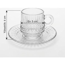 6’lı Cam Kahve Fincanı Seti Şeffaf Çizgili Tasarım Tabaklı Espresso Türk Kahvesi Sunum Fincan Takımı 6 cm