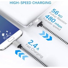 USB Type-C Hızlı Şarj Kablosu, 1 Metre, 2.1A, Naylon Örgülü Kopmaz Veri Kablosu, , Xiaomi,  ve Tüm Android Cihazlar ile Uyumlu, Gri, 2 Yıl Garantili