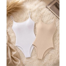 Rozelt Kadın Beyaz & Ten Ince Askılı Body 2’li Paket Basic Esnek Kumaş Günlük Bodysuit
