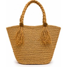 Naturel Dekor Doğal Bohem Çiçek Detaylı Oval Hasır Çanta 39X42 Cm, Bambu, Rattan, Jüt, Sepet, Iskandinav, Modern