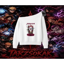 Tarzsokak Jiraiya Naruto Anime Karakteri Kadın Kayık Yaka Sweatshirt Beyaz